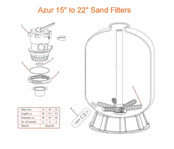 Azur 15" & 22" Pool Sand Filter Spares